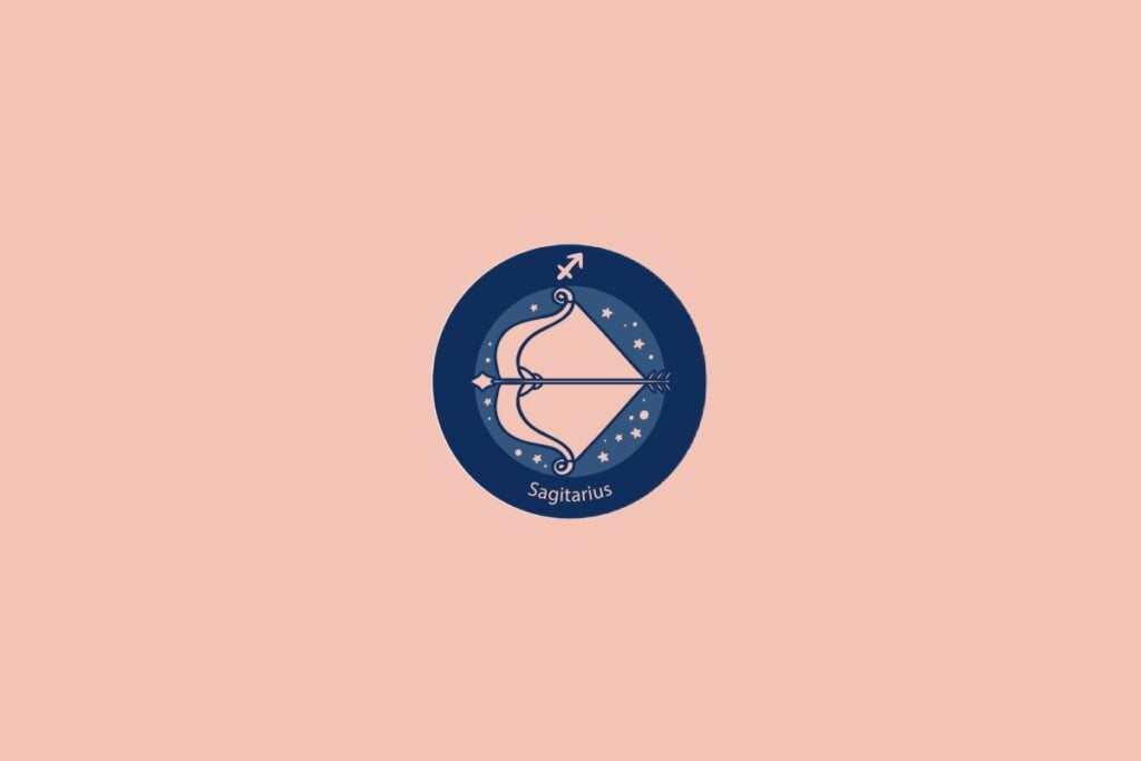 Ilustração do signo de Sagitário com um arco e flecha apontados para cima em fundo azul com estrelas e rosa
