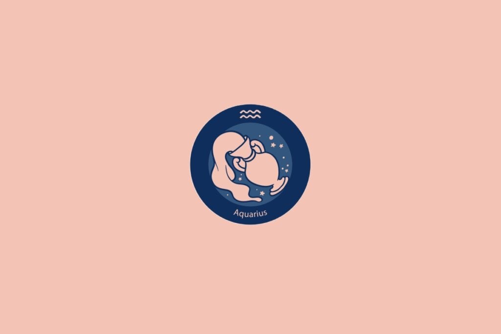 Ilustração do signo de Aquário com um jarro derramando água em fundo rosa e azul com estrelas