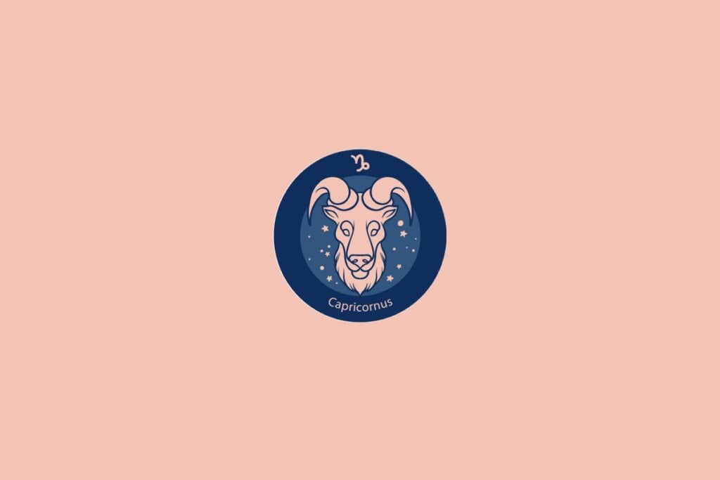 Ilustração do signo de Capricórnio com a figura de uma cabra com chifres robustos em fundo azul com estrelas e fundo rosa