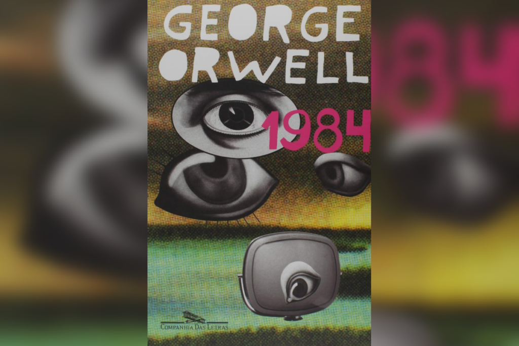 Capa do livro "1984", de George Orwell, com ilustrações de olhos e uma televisão