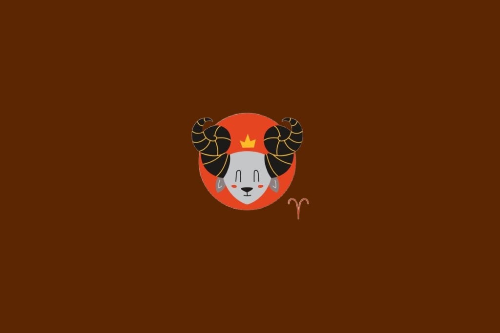 Ilustração do signo de Áries, representado por um carneiro com chifres dourados e pretos e um fundo vermelho