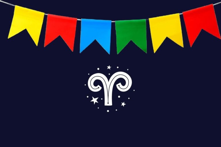 Ilustração do signo de Áries com linha branca curva para fora como chifres de carneiro, fundo azul-escuro e bandeirinhas coloridas