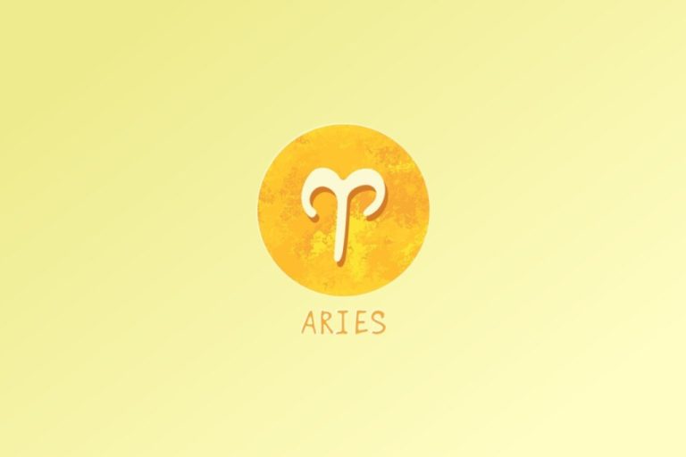 Ilustração do signo de Áries, com símbolo representado por uma linha curva que lembra um par de chifres de carneiro, em fundo amarelo