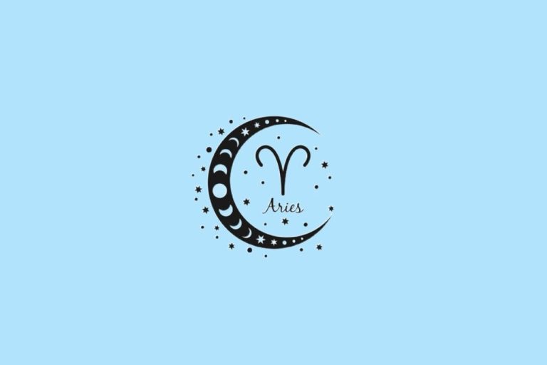 Símbolo de Áries representado por chifres de carneiro dentro de uma lua com fases lunares ao redor, sobre fundo azul