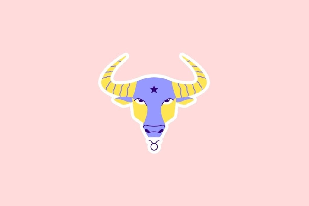 Ilustração do rosto de um touro em amarelo e roxo com chifres listrados e o símbolo de Touro abaixo, sobre fundo rosa-claro