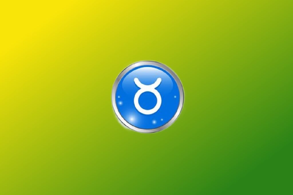 Ilustração do signo de Touro com símbolo branco com chifres em círculo azul com borda prateada sobre fundo verde e amarelo