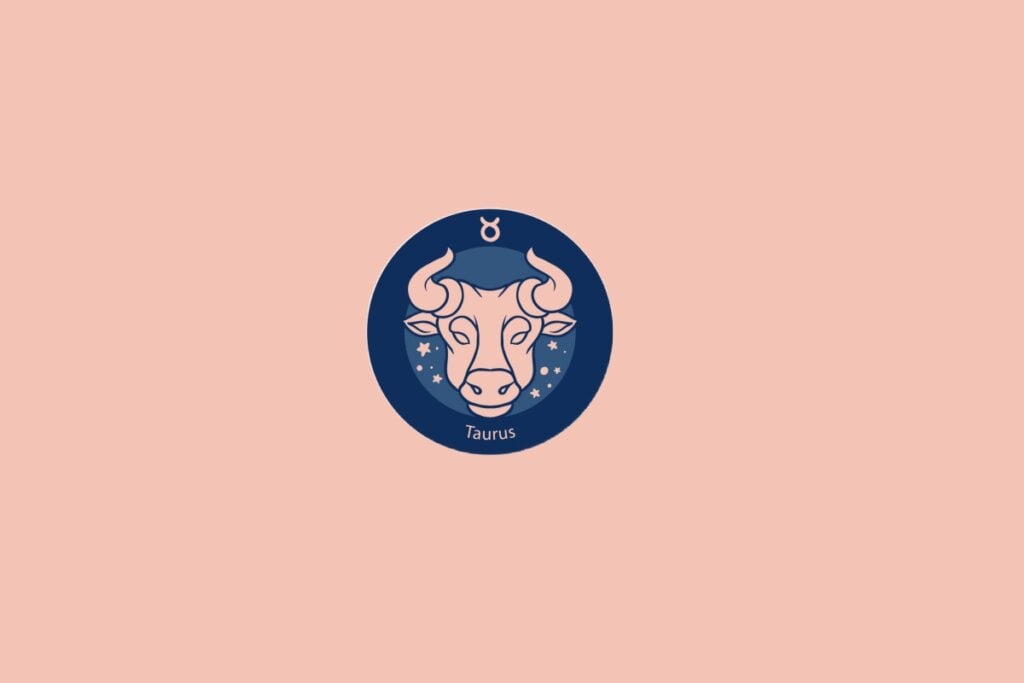 Ilustração do signo de Touro, com a cabeça de um touro estilizado, cercada por elementos estelares em fundo azul e rosa