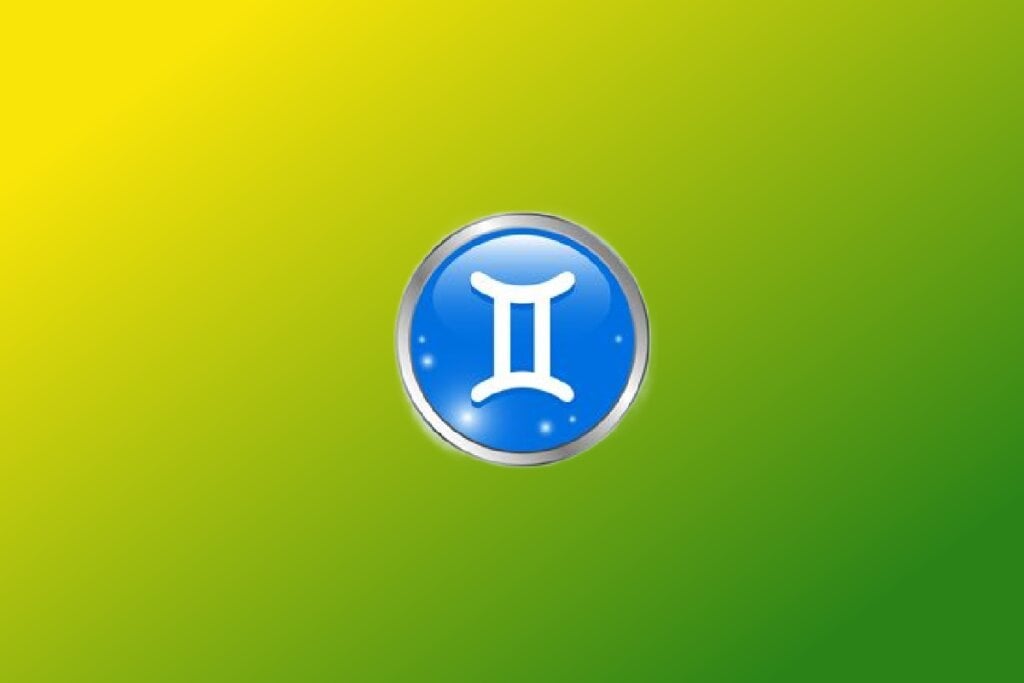 Ilustração do signo de Gêmeos com símbolo branco com duas hastes verticais e horizontais curvas nas extremidades em círculo azul com borda prateada sobre fundo verde e amarelo.