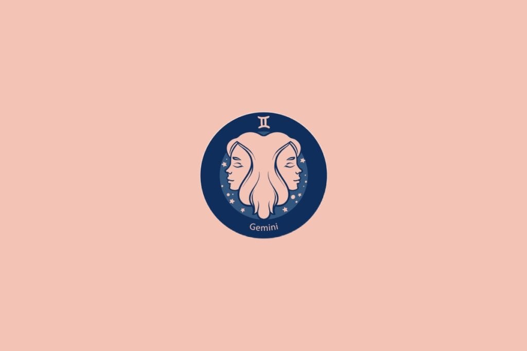 Ilustração do signo de Gêmeos com dois rostos opostos em perfil em fundo azul com estrelas e fundo rosa