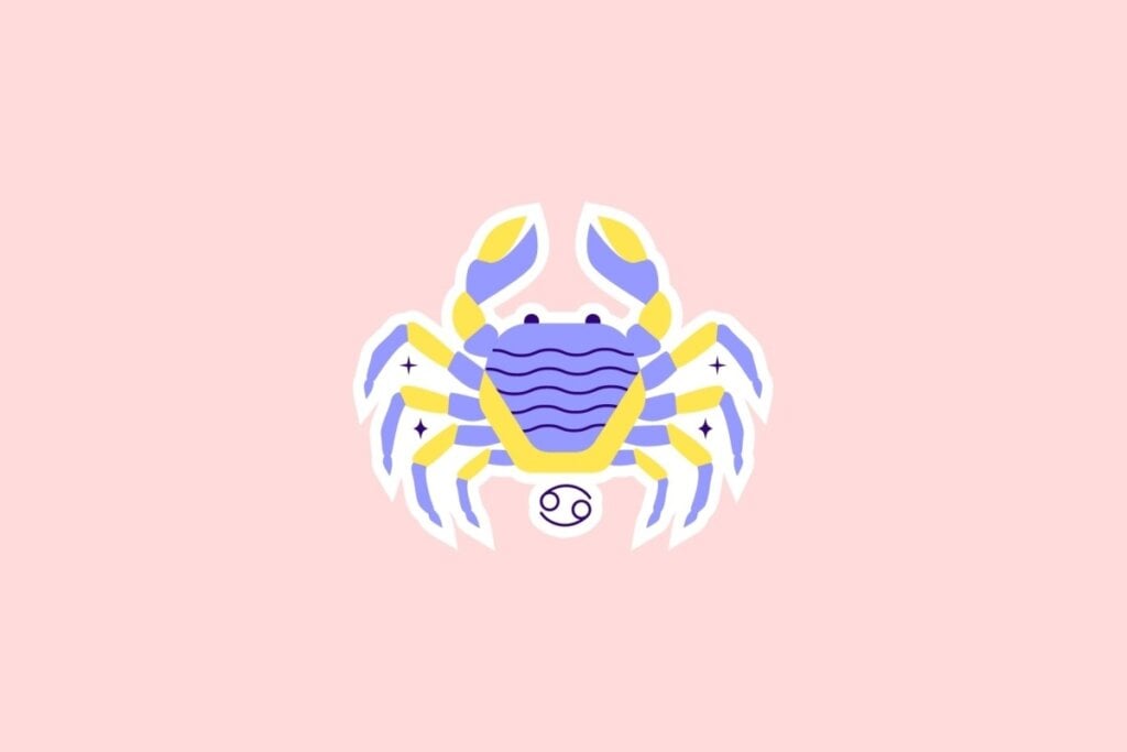 Ilustração de um caranguejo estilizado em amarelo, azul e lilás com o símbolo de Câncer abaixo, sobre fundo rosa-claro