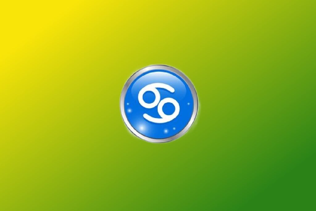 Ilustração do signo de Câncer com duas vírgulas brancas espelhadas em círculo azul com borda prateada sobre fundo verde e amarelo