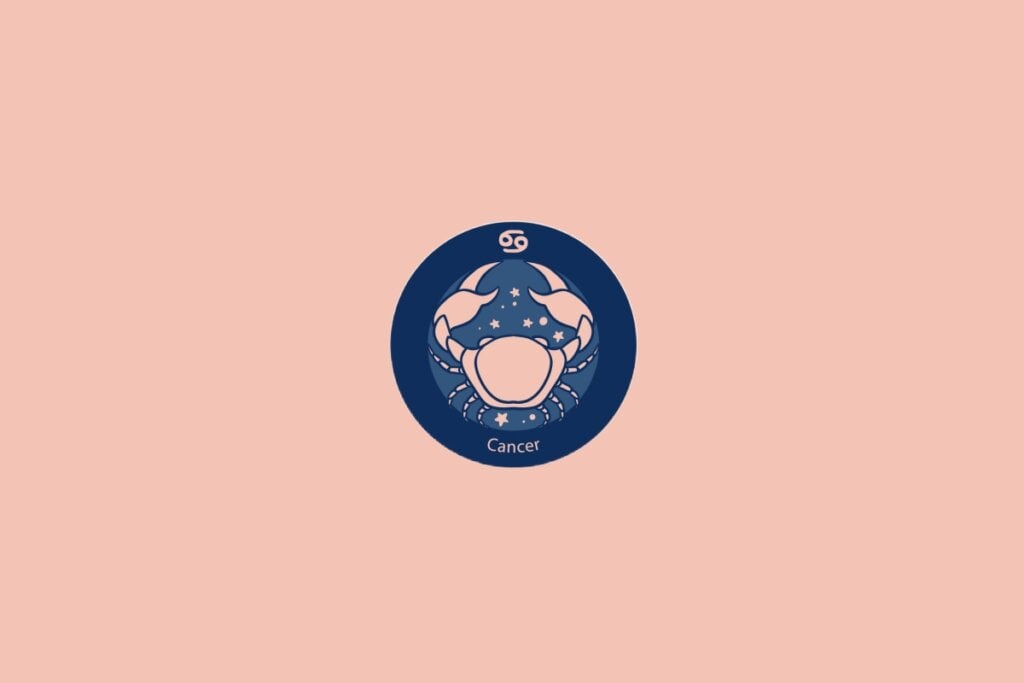 Ilustração do signo de Câncer com um caranguejo rodeado por estrelas em fundo azul e rosa