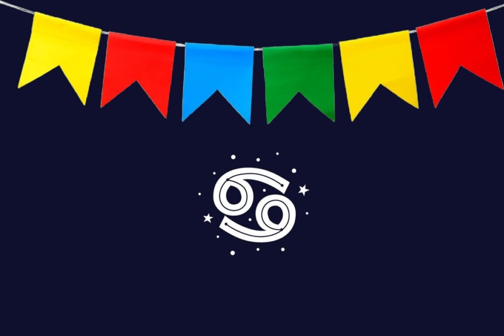 Ilustração do signo de Câncer com dois círculos ligados por curvas brancas, fundo escuro e bandeiras vermelha, azul, verde e amarela