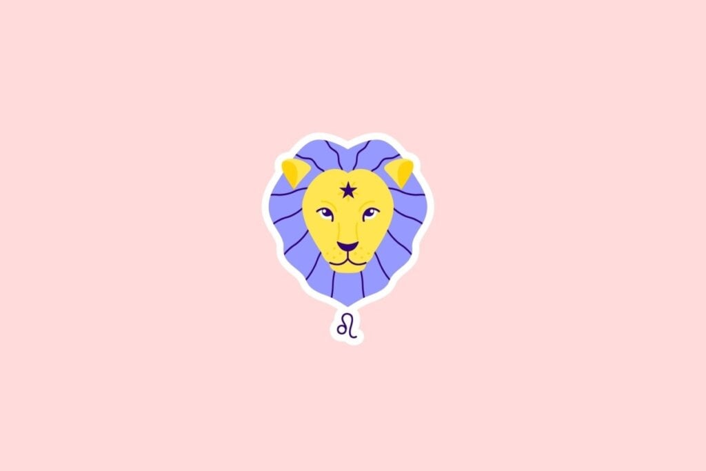 Ilustração do rosto de um leão amarelo com juba roxa e o símbolo de Leão abaixo, sobre fundo rosa-claro