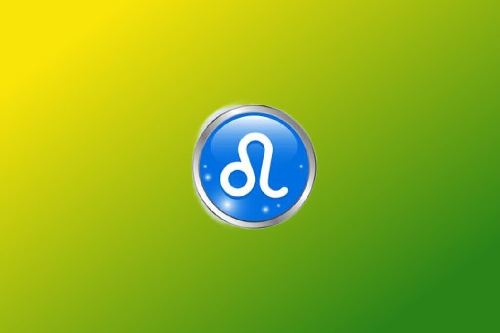 Ilustração do signo de Leão com símbolo branco semelhante a uma cauda em círculo azul com contorno metálico sobre fundo verde e amarelo