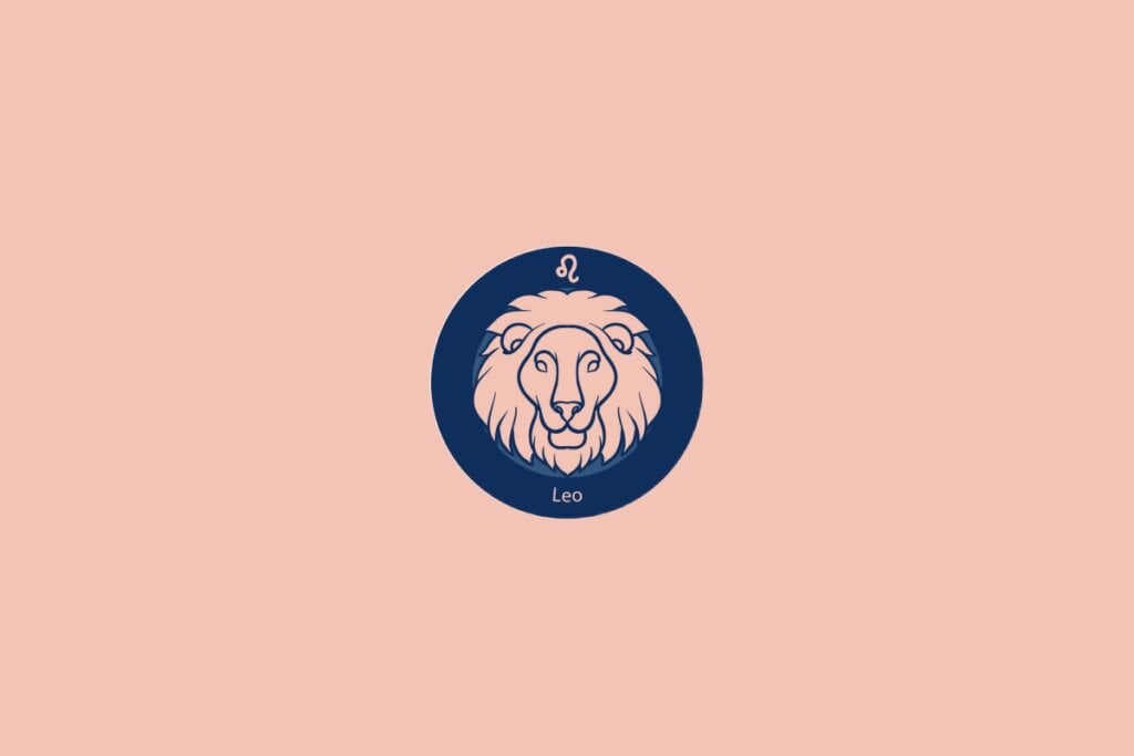Ilustração do signo de Leão com uma cabeça de leão em fundo azul e rosa