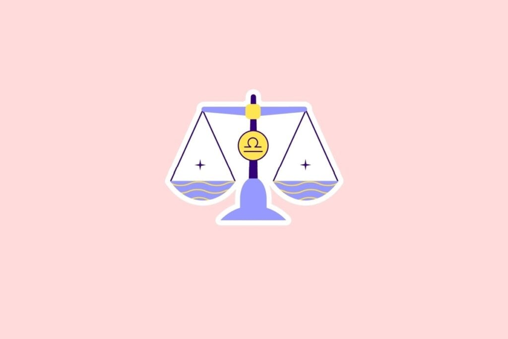 Ilustração da balança, símbolo de Libra, em tons de lilás, azul e amarelo, sobre fundo rosa-claro