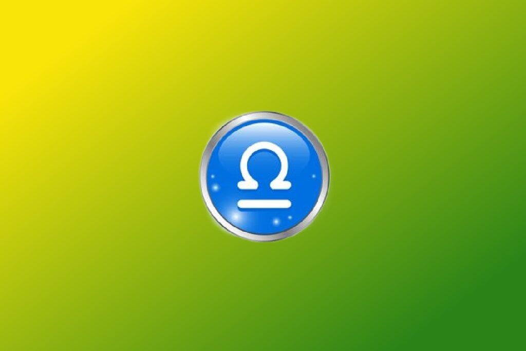 Ilustração do signo de Libra com balança branca centralizada em círculo azul com borda prateada sobre fundo verde e amarelo