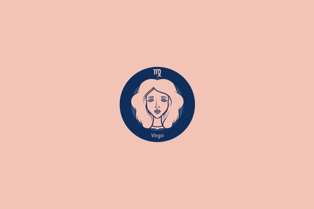 Ilustração do signo de Virgem com o rosto de uma mulher em fundo azul e rosa
