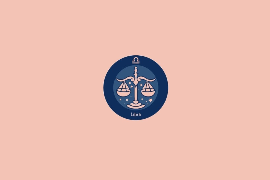 Ilustração do signo de Libra com uma balança equilibrada em fundo azul com estrelas e fundo rosa