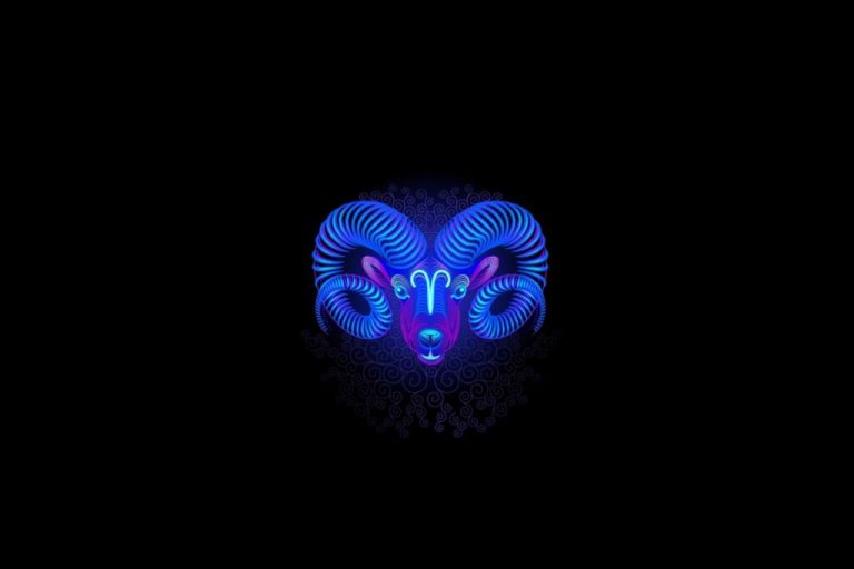 Ilustração do signo de áries em roxo e azul em um fundo preto