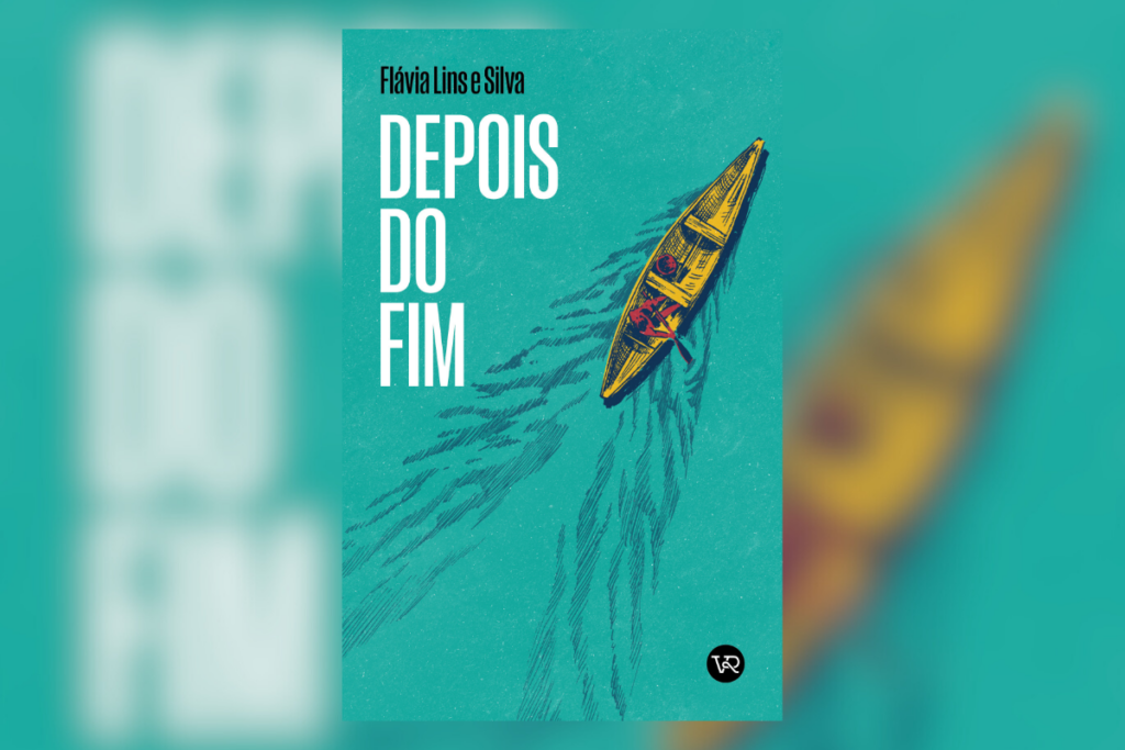 Capa do livro "Depois do Fim", de Flávia Lins e Silva, com fundo azul e ilustração de um barco amarelo navegando sozinho, visto de cima