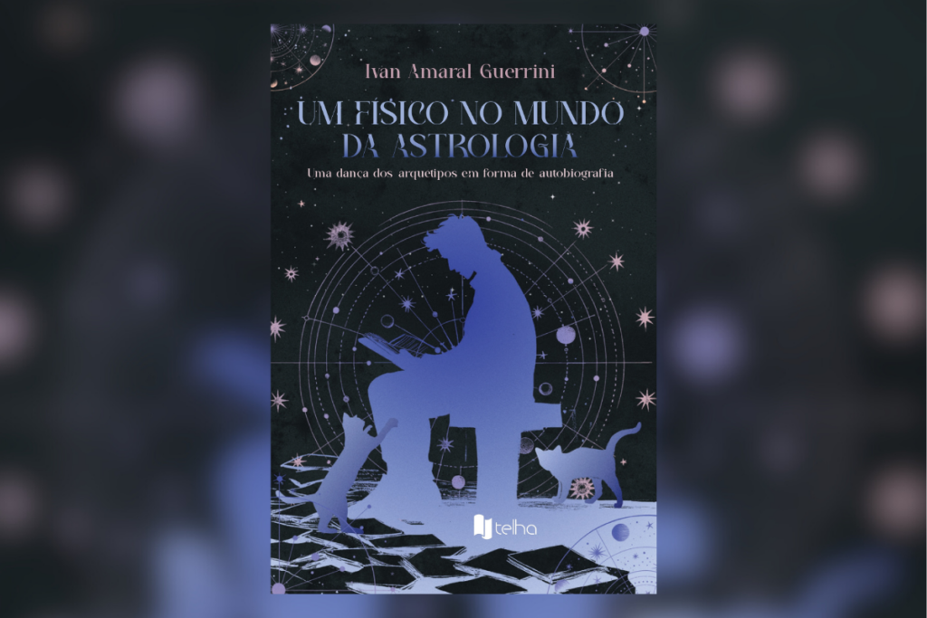 Capa do livro "Um Físico no Mundo da Astrologia", de Ivan Amaral Guerrini, com silhueta azul de um homem lendo, rodeado por constelações e gatos