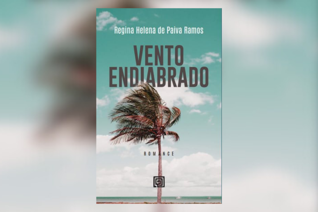 Capa do livro "Vento Endiabrado", de Regina Helena de Paiva Ramos, com uma palmeira torta pelo vento à beira-mar sob céu azul-claro