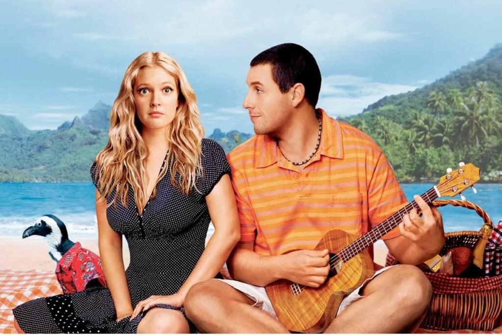 Capa do filme "Como Se Fosse a Primeira Vez" com os protagonistas sentados um ao lado do outro com a praia de fundo