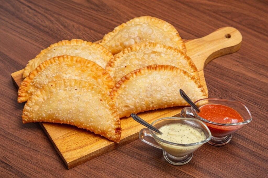Pastéis em cima de uma mesa de madeira com dois recipientes com molhos ao lado