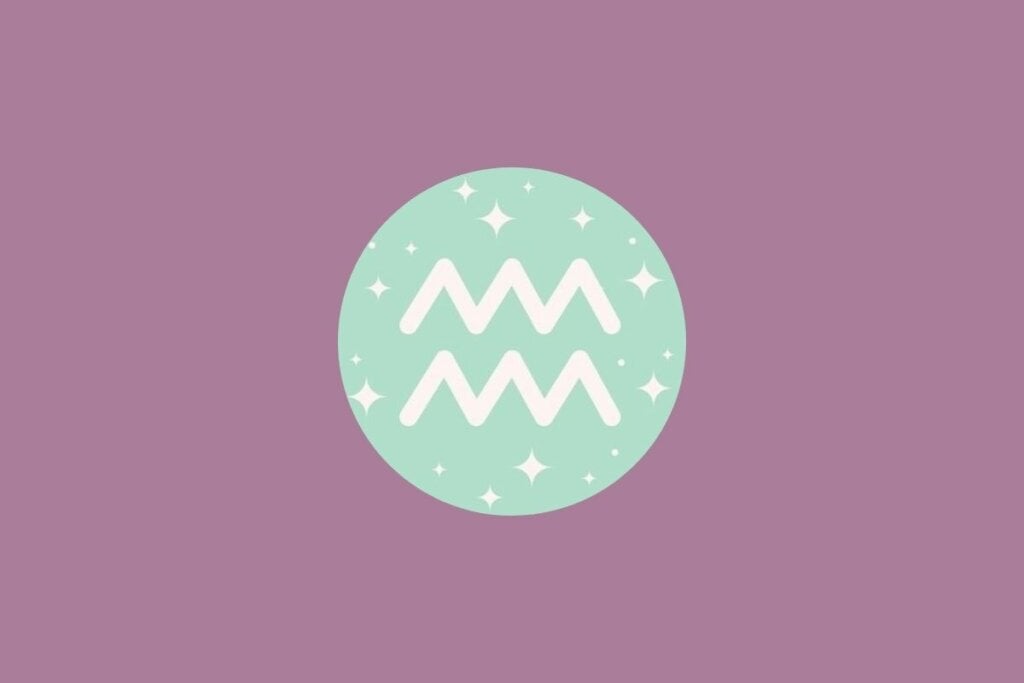 Ilustração do signo de aquário em um círculo verde e em um fundo roxo