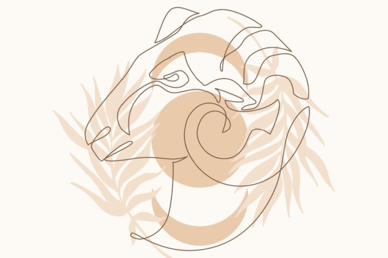 Ilustração com folhas do signo de Áries em um fundo rosa