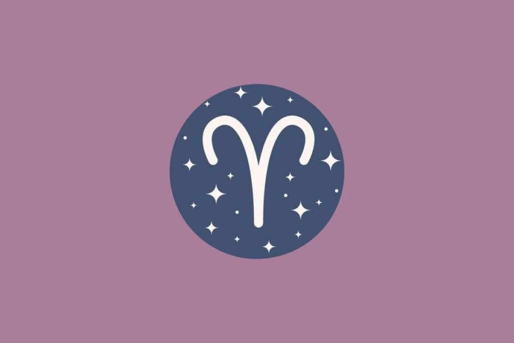 Ilustração do signo de áries em um círculo verde e em um fundo roxo