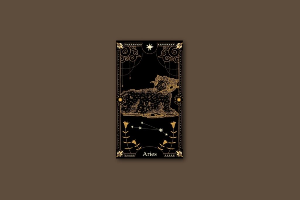 Ilustração de uma carta preta, com o desenho do signo e da constelação de touro, com borda dourada e estrelas