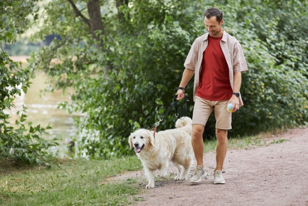 imagem de homem de camiseta vermelha e calça e camisa bege caminhando com cachorro golden retriever em ambiente externo com árvores