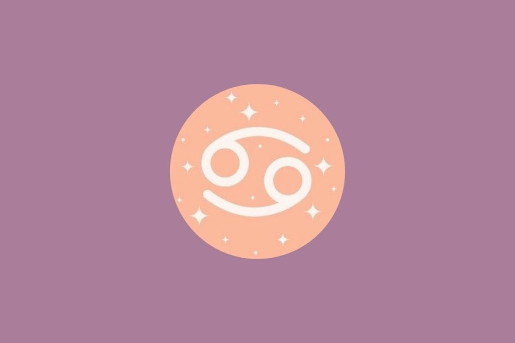 Ilustração do signo de câncer em um círculo verde e em um fundo roxo