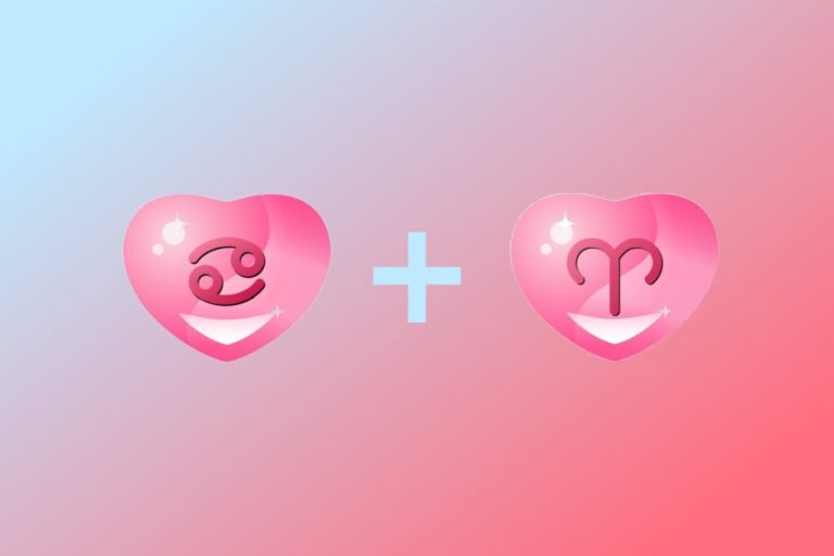 Ilustração de coração com símbolo do signo de Câncer com coração do signo de Áries em fundo degradê rosa e azul