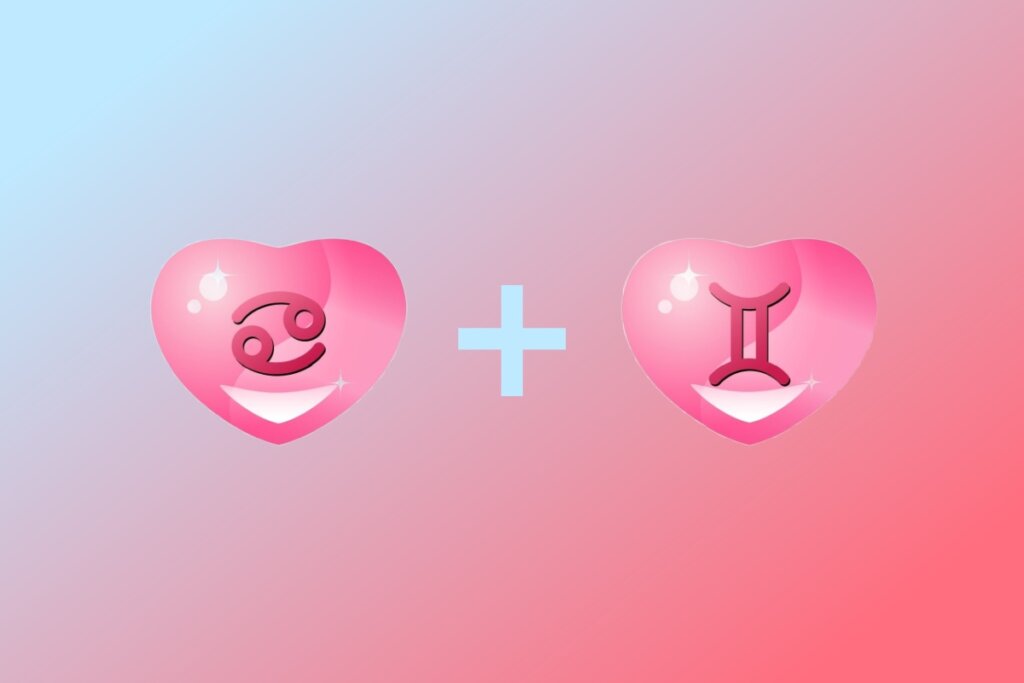 Ilustração de coração com símbolo do signo de Câncer com coração do signo de Gêmeos em fundo degradê rosa e azul