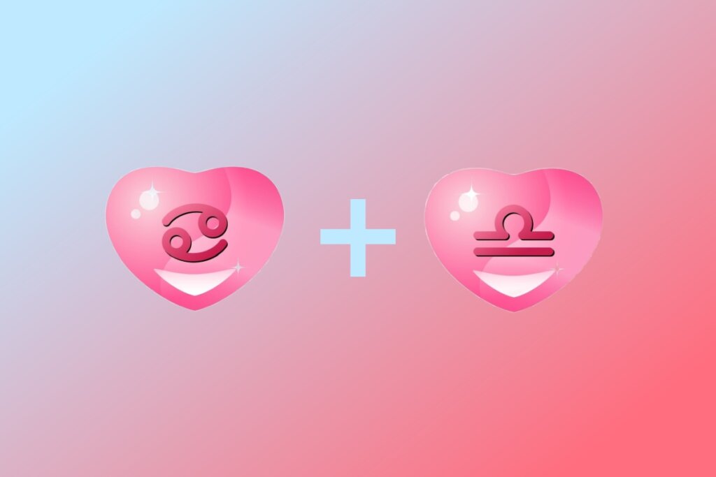 Ilustração de coração com símbolo do signo de Câncer com coração do signo de Libra em fundo degradê rosa e azul