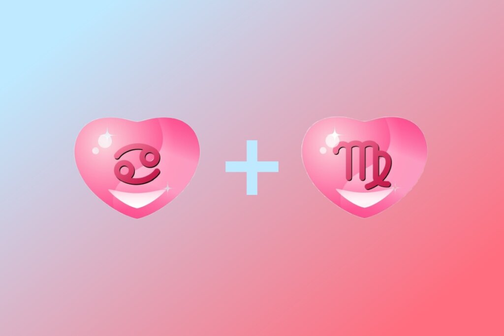 Ilustração de coração com símbolo do signo de Câncer com coração do signo de Virgem em fundo degradê rosa e azul