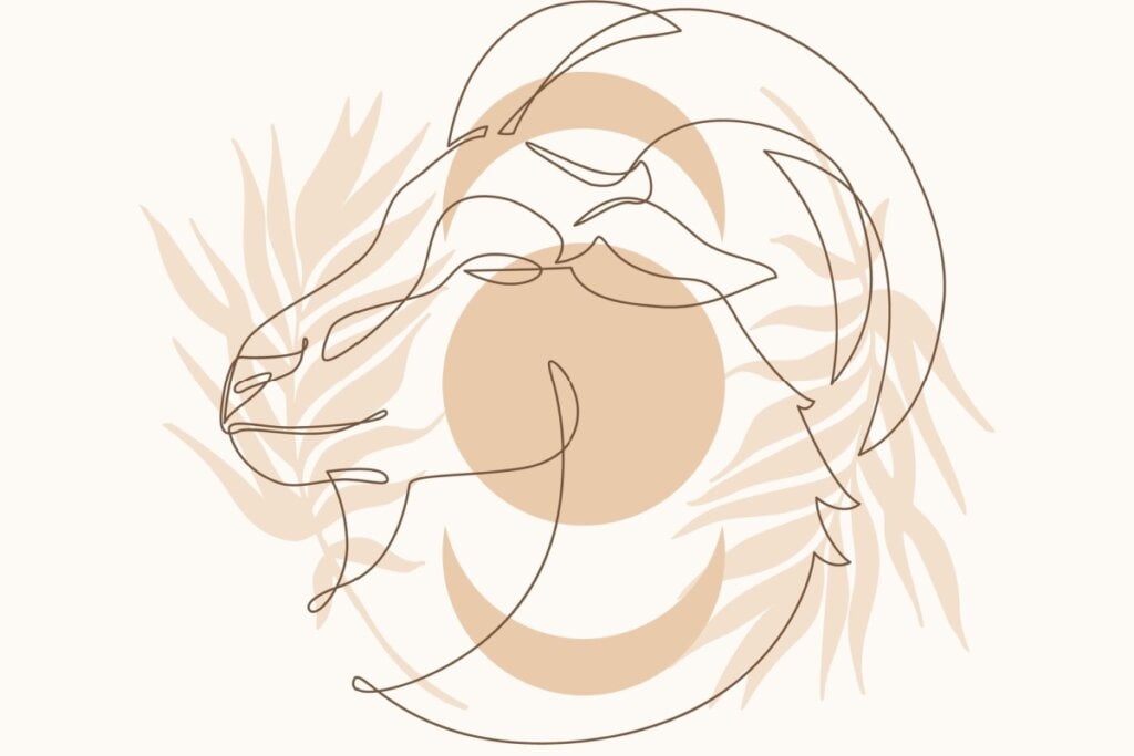 Ilustração com folhas do signo de Capricórnio em um fundo rosa