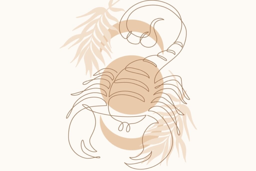 Ilustração com folhas do signo de Escorpião em um fundo rosa