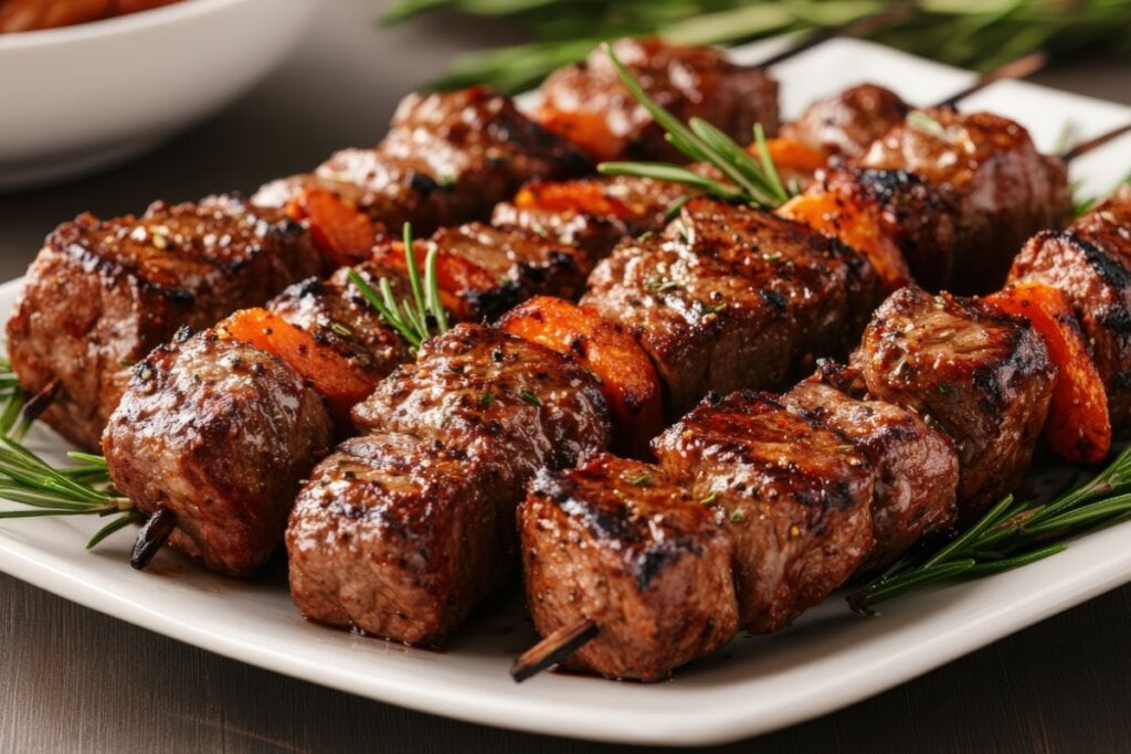 Prato branco com espetinhos de carne com cenoura