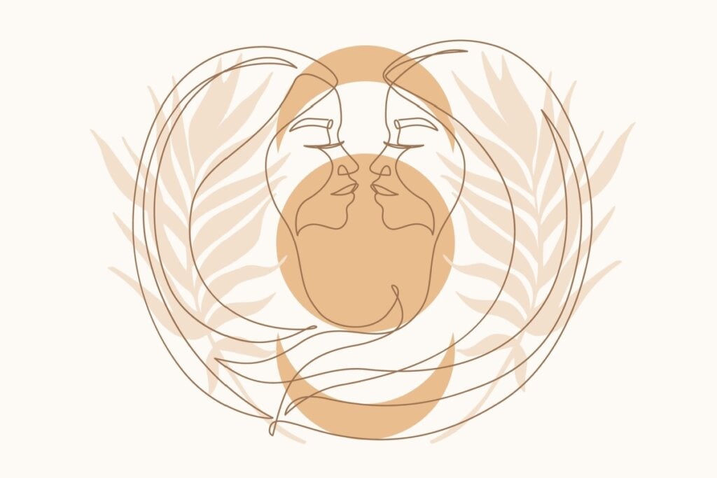 Ilustração com folhas do signo de Gêmeos em um fundo rosa