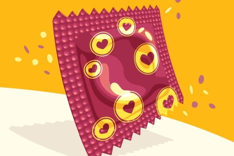 ilustração de embalagem de preservativo vermelho com corações em amarelo. fundo amarelo com confetes