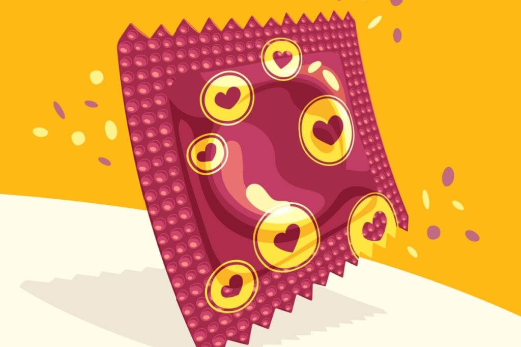 ilustração de embalagem de preservativo vermelho com corações em amarelo. fundo amarelo com confetes