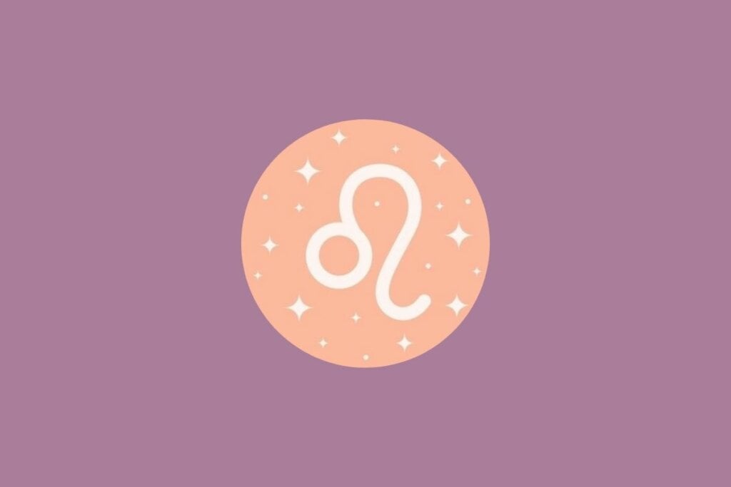 Ilustração do signo de leão em um círculo verde e em um fundo roxo