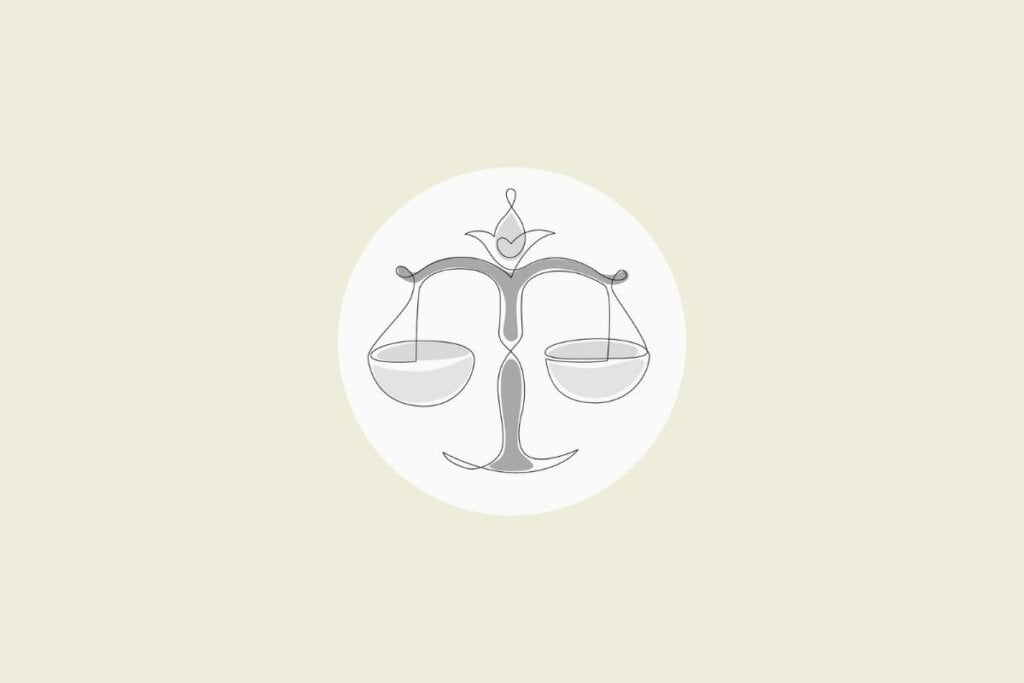Ilustração do signo de libra em preto e branco, dentro de um círculo, sobre um fundo bege-claro