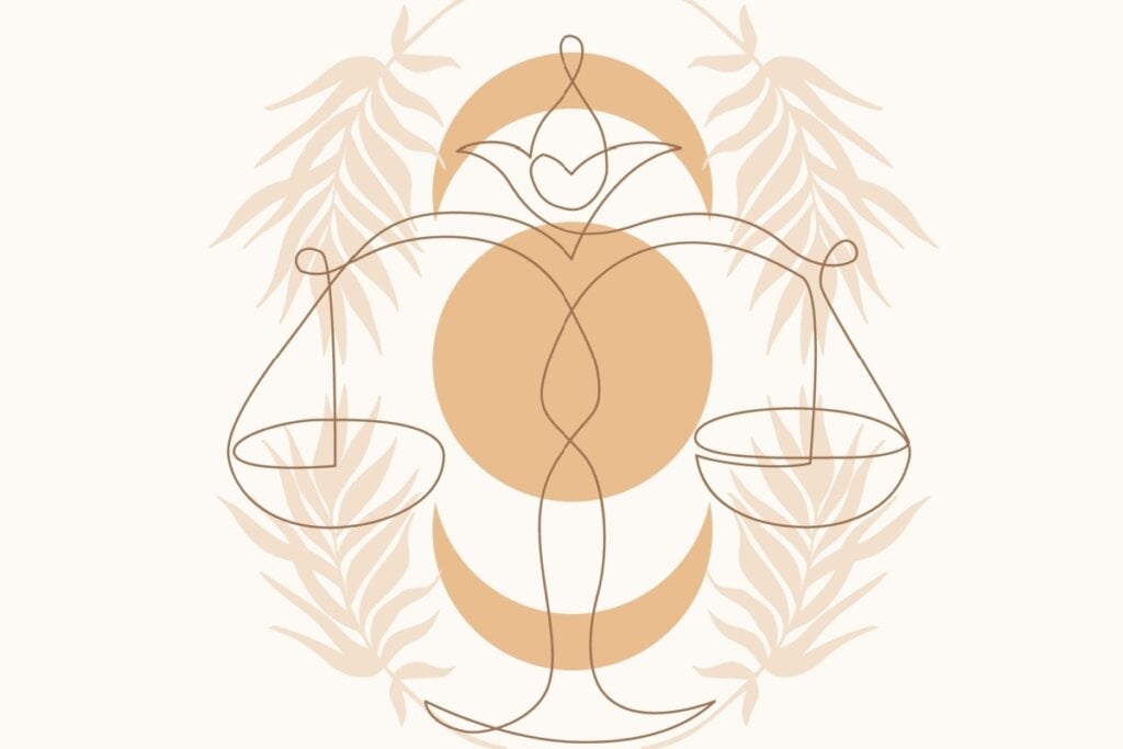 Ilustração com folhas do signo de Libra em um fundo rosa