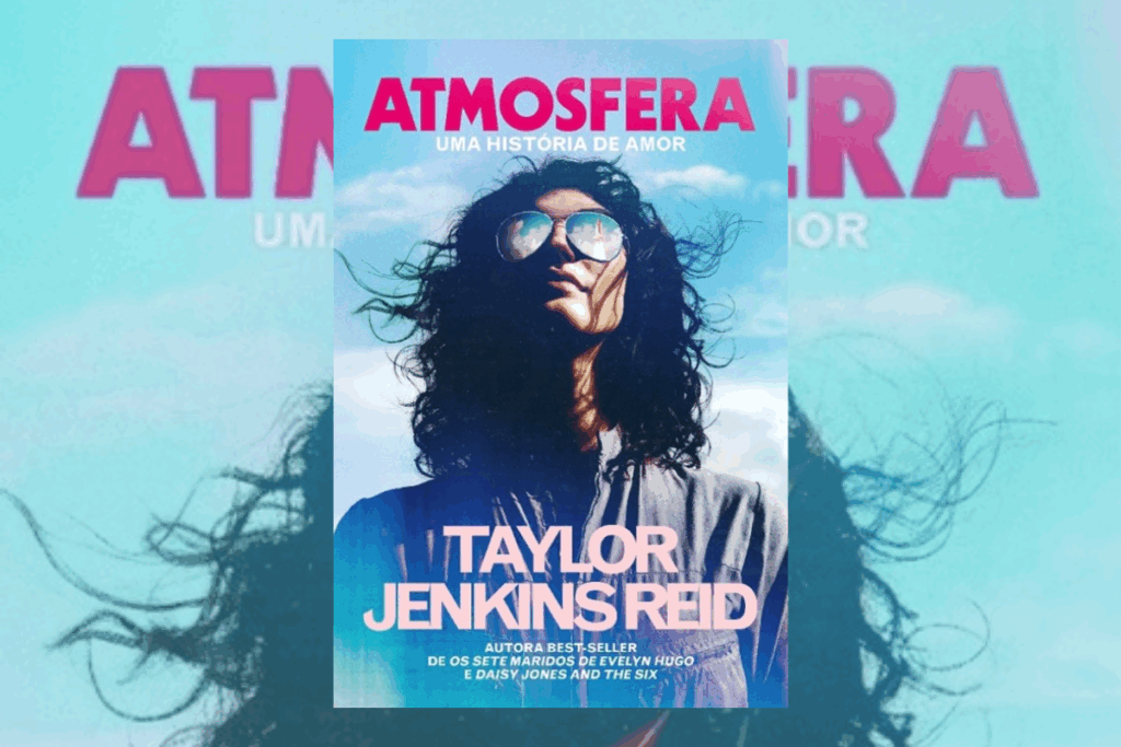 Capa de livro azul com nome do autor e título escrito em rosa e com a imagem de uma mulher com os cabelos ao vento usando um óculos escuro e no reflexo do óculos um foguete decolando